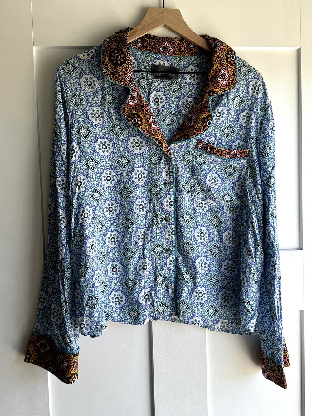 By Anthropologie Women's Blue Medallion Print Jacket Boho Paisley Trim Size L